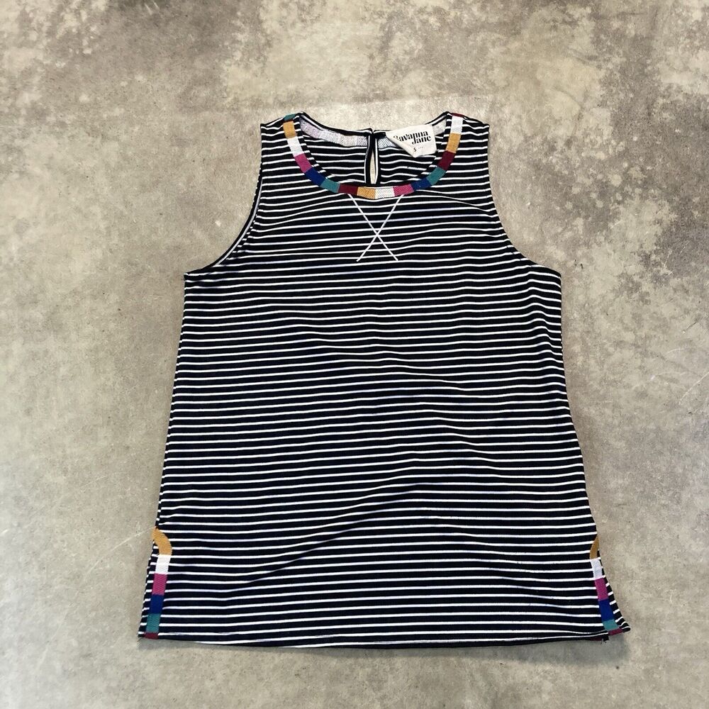 Savanna Jane Shirt Womens Small Black White Striped Tank Colorblock Embroidery